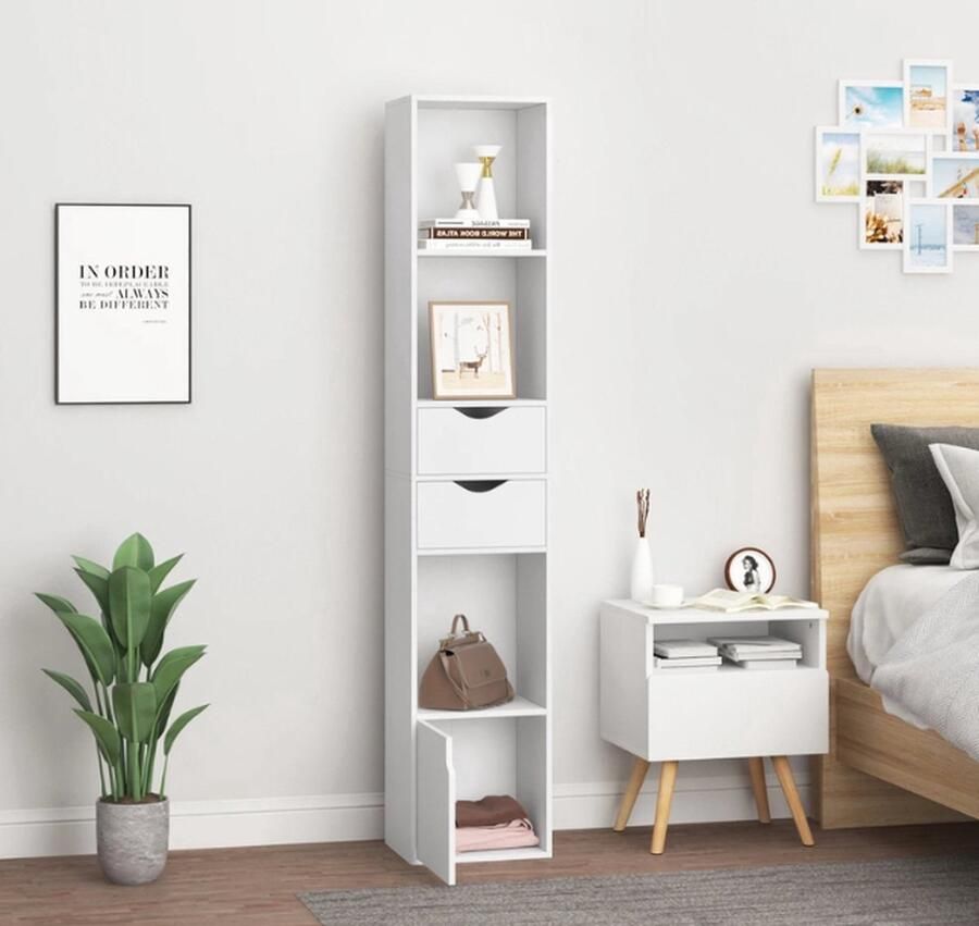 Luxe Opbergkast Boekenkast Opberg Kast Wandkast 6 Planken 2 Lades Hout Wit