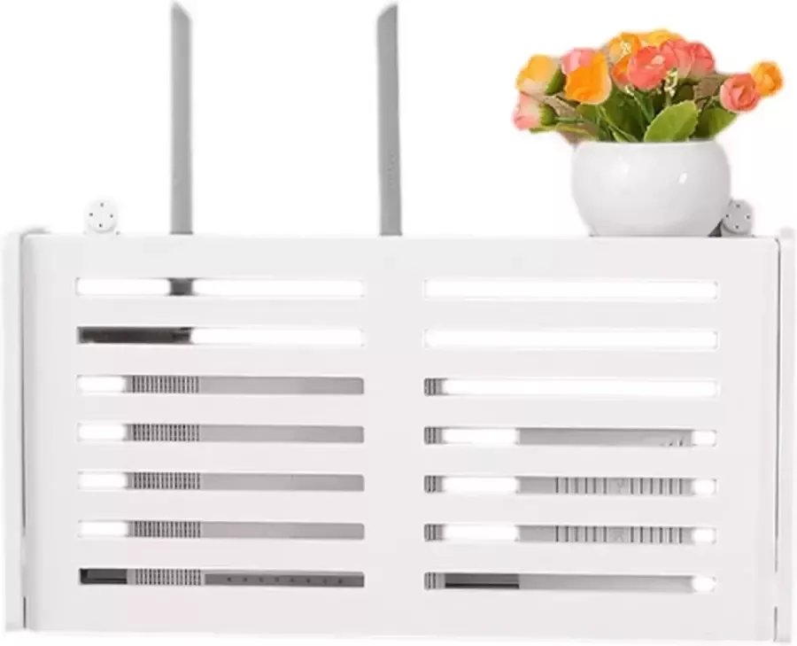 Luxe ophangsysteem WIFI Router houder 38x8.5x20cm – Organizer Tv meubel Wandmontage wandbeugel kastje universeel wit – Ophangen versterker opbergdoos kabel organiser