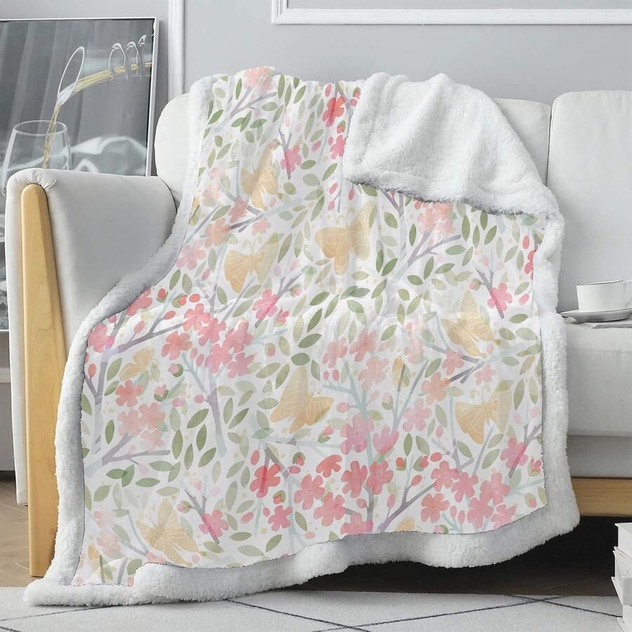 Luxe Pluche Omkeerbare Deken met Bloemenprint Warme Sherpa Fleece Deken voor Herfst en Winter Ideaal voor Bank en Bed