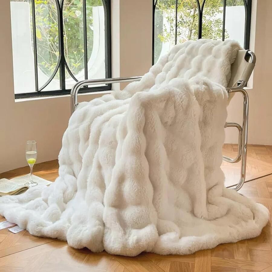 Luxe pluche sherpa-deken omkeerbaar en donzig warm en behaaglijk pluizige bontdeken voor bed bank en woondecoratie (crème 130 x 150 cm)