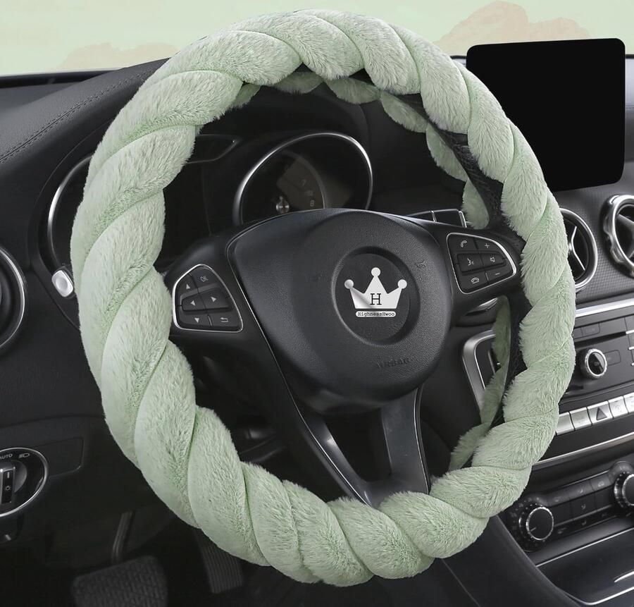 Luxe Pluizige Winter Stuurhoes voor Auto Zachte en Warme Interieur Accessoire Antislip 15 Inch Groen