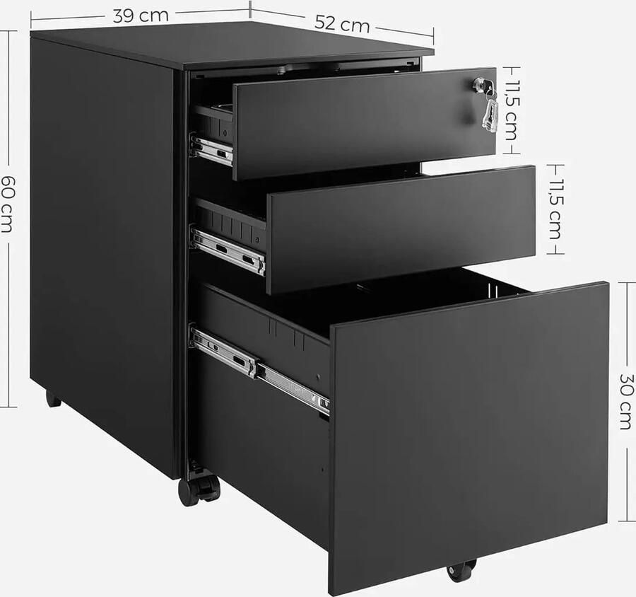 Luxe Stalen Ladeblok op Wielen & Slot Uitgerust & 2 Sleutels Vergrendelt alle 3 Laden Tegelijkertijd Verrijdbare Ladekast Archiefkast Kantoor Kast Office Rolcontainer voor Onder Bureau- Mobiele Bureau Kast- Afsluitbaar 3 Laden Zwart 39x60x52 cm