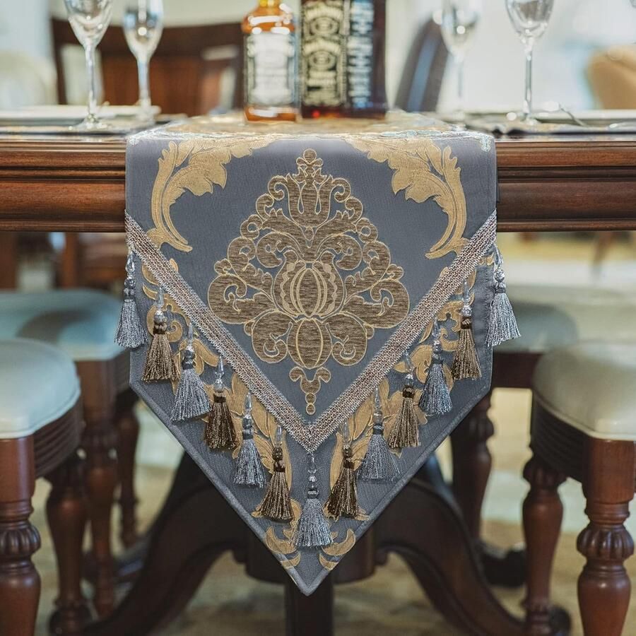 Luxe Tafelloper met Kwastjes Dubbellaags Damast 1 stuk Grijsblauw 33x274 cm