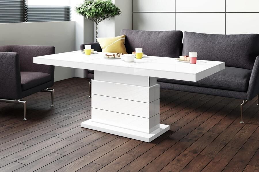 Luxe Uitschuifbare Salontafel – In Hoogte Verstelbaar – Rechthoekig – Wit Hoogglans & Zwart Hoogglans – 120-170 x 70 x 55-65 cm – Multifunctionele Woonkamertafel