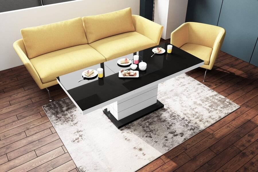 Luxe Uitschuifbare Salontafel – In Hoogte Verstelbaar – Rechthoekig – Wit Hoogglans & Zwart Hoogglans – 120-170 x 70 x 55-65 cm – Multifunctionele Woonkamertafel
