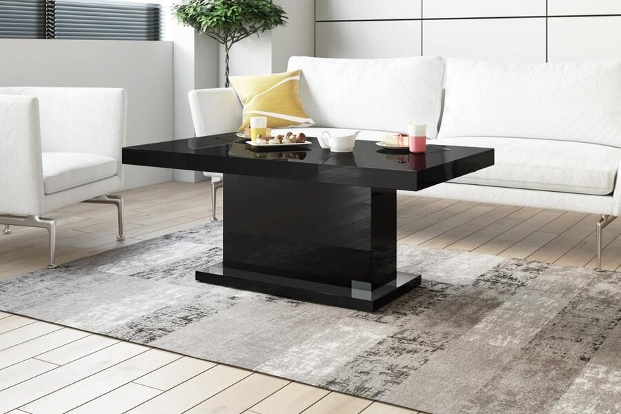 Luxe Uitschuifbare Salontafel – In Hoogte Verstelbaar – Rechthoekig – Zwart hoogglans & Zwart Hoogglans – 120-170 x 70 x 55-65 cm – Multifunctionele Woonkamertafel