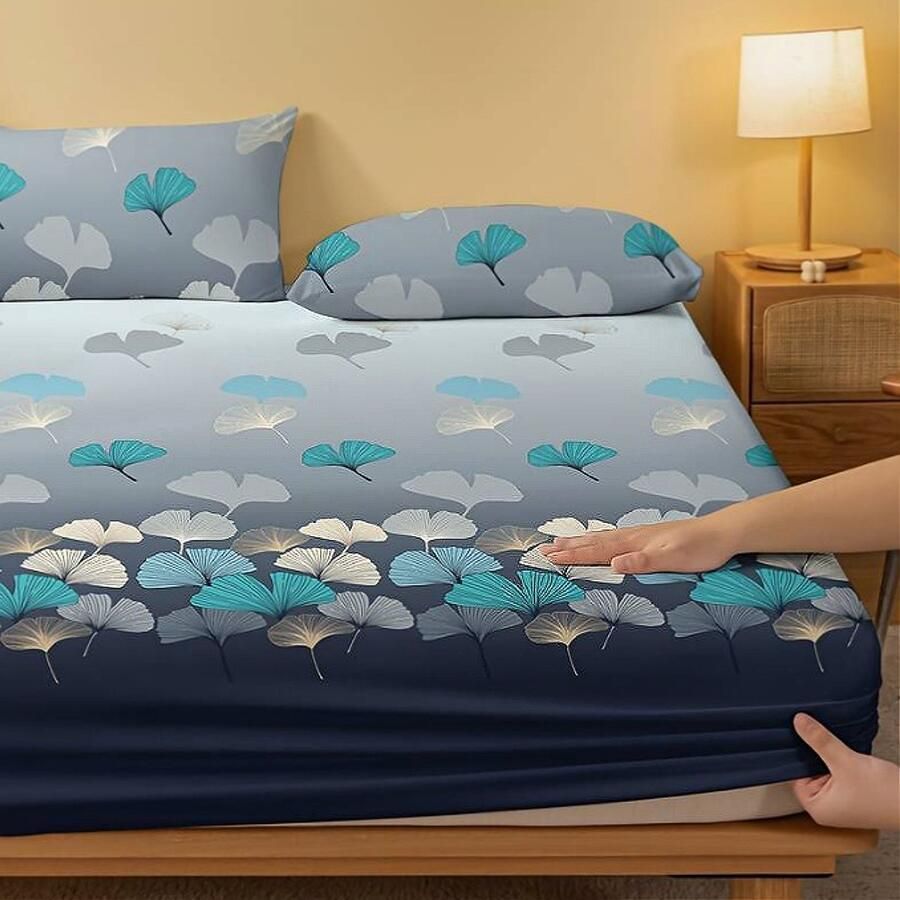 Luxe Zachte Hoeslaken Polyester Zacht Comfortabel GINKGO-print Zonder Kussenslopen Voor Boxspring en Waterbed 200 x 220 cm %% - Foto 2
