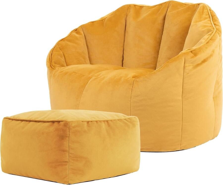 Luxe Zitzak Fauteuil met Hocker in Geel Fluwelen Schelp Stoel voor Woonkamer en Slaapkamer