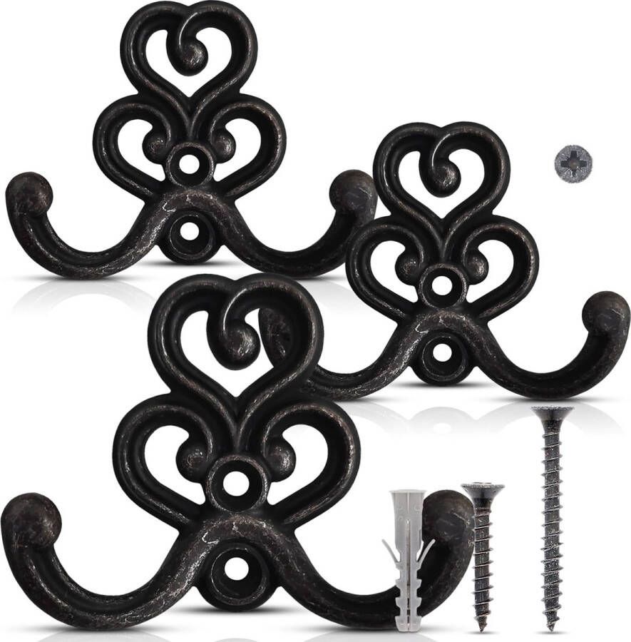 Luxiba Set van 3 kapstokken vintage kapstokken zwarte muurhaken [klimaatneutraal] stevige muurkapstokken inclusief 12x schroeven en 6x pluggen retro shabby chick landhuisstijl