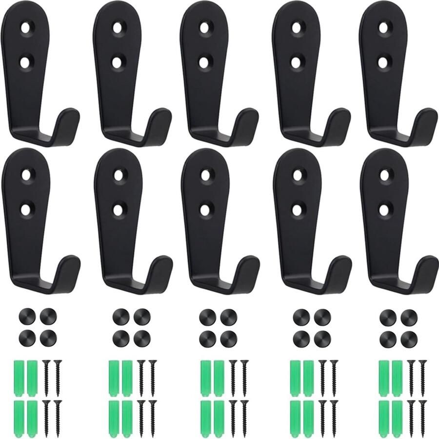 Lxoraziy 10-pack kapstokhaken zwarte matte roestvrijstalen kapstokhaken grote L-vormige metalen haken wandhaken met schroeven voor slaapkamer badkamer garderobekast en woonkamer