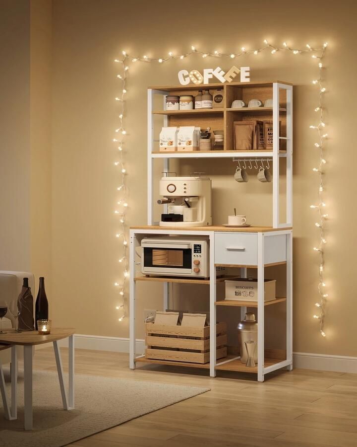 NELLA VASAGLE Keukenkast met stopcontacten Verstelbaar met magnetronplank en stoffen lade S-haken en kantelbeveiliging