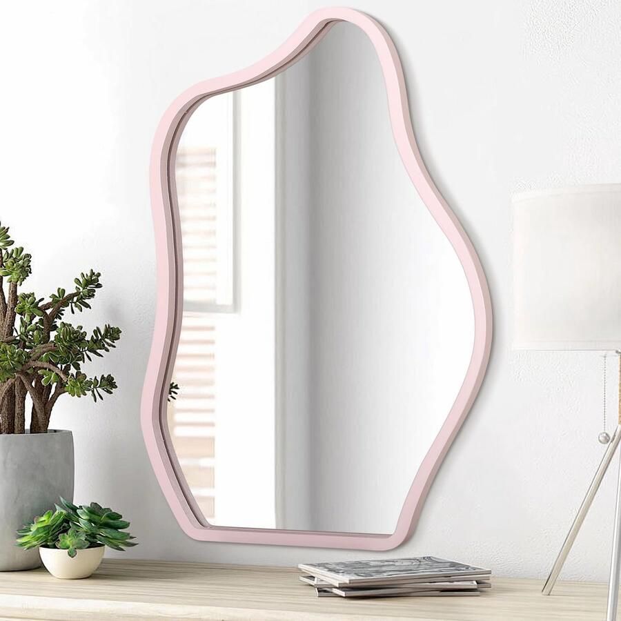 Lzuso Spiegel voor aan de muur Asymmetrische houten lijst Wolk Hangende spiegel Unieke onregelmatige moderne spiegel voor woonkamer Slaapkamer Kaptafel Entree Hal Decoratieve wandspiegel Roze