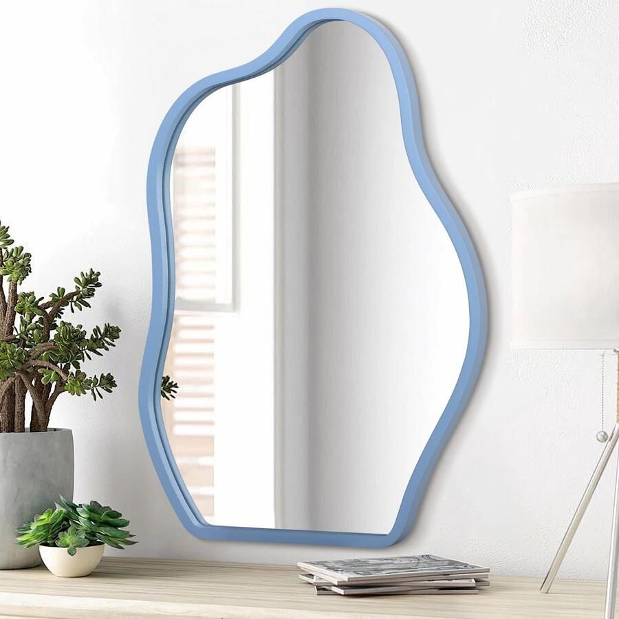 Lzuso Witte Hangende Spiegels voor Aan De Muur Asymmetrische Onregelmatige Houten Frame Spiegel Moderne Spiegel voor Slaapkamer Woonkamer Badkamer Kaptafel Entree Hal Decoratieve Spiegel