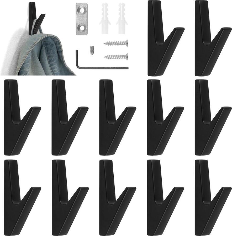 MABAHON 12-delige set kapstokken Zwarte kapstokken Wandhaken Kapstokken Akoestische panelen Zinklegering Kapstokken voor badkamers keukens foyers en gangen