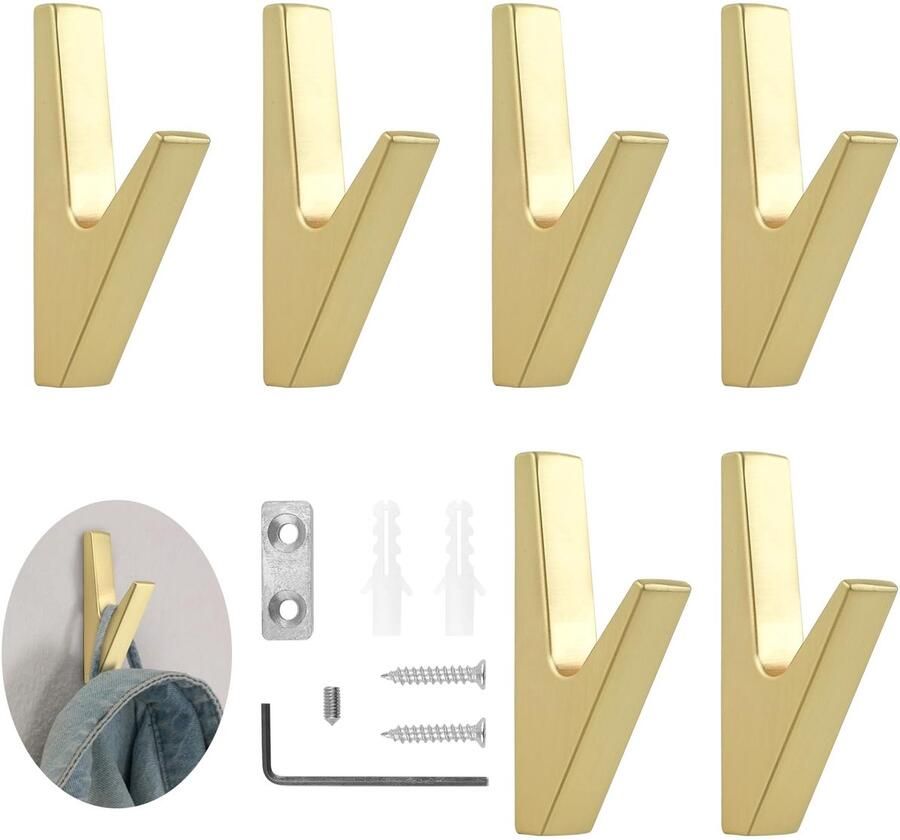 MABAHON 6-delige set kapstokhaken goud mat kapstokhaken akoestische panelen zinklegering kapstokhaken haken wandhaken voor badkamers keukens foyers en gangen