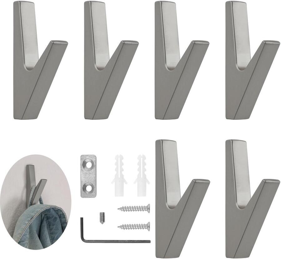 MABAHON 6-delige set kapstokken zilver mat kapstokken akoestische panelen zinklegering kapstokken haken wandhaken voor badkamers keukens foyers en gangen