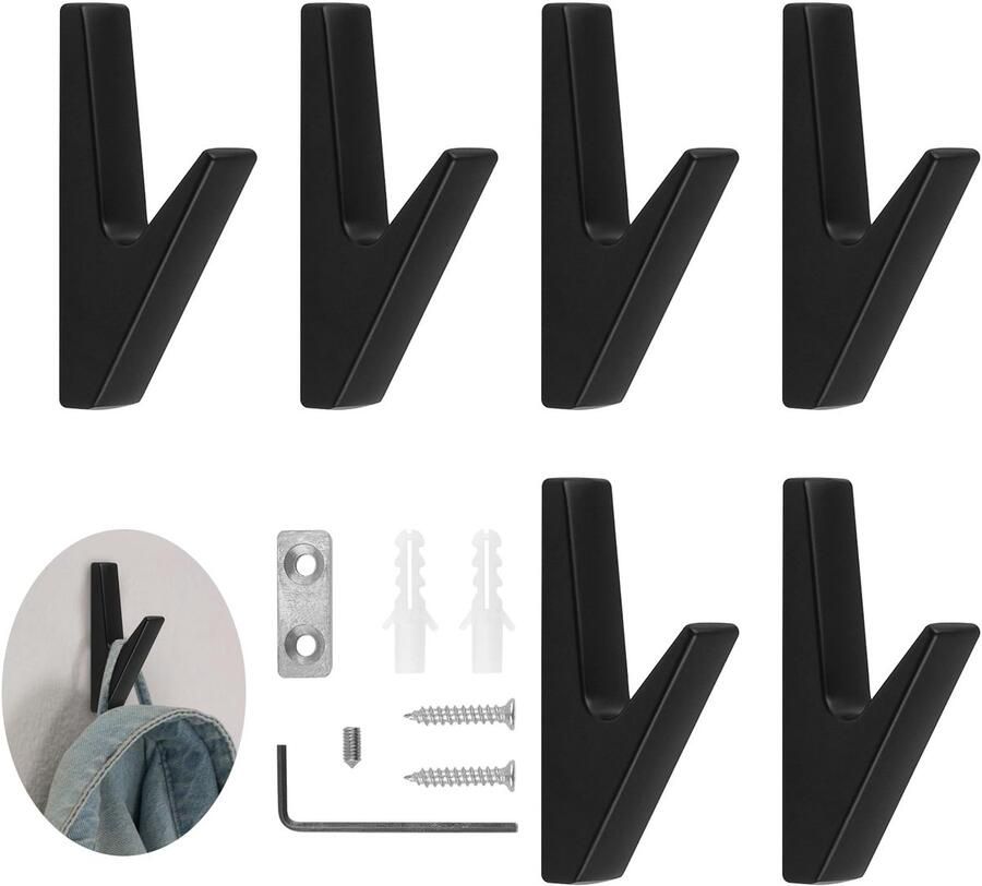MABAHON 6-delige set kapstokken Zwarte kapstokken Wandhaken Kapstokken Akoestische panelen Zinklegering Kapstokken voor badkamers keukens foyers en gangen