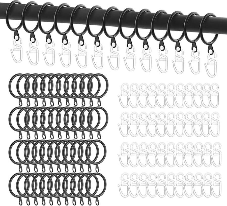 MABAHON 60 stuks metalen gordijnringen en haken 30 mm metalen gordijnroede ringen met 60 witte plastic gordijnhaken voor raamgordijn bed gordijn douchegordijnstangen (zwart)