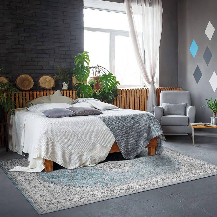 Machinewasbaar tapijt voor binnen en buiten vlekbestendig vintagetapijt antislip laagpolig met oosters ontwerp tapijt voor slaapkamer woonkamer eetkamer keuken 80 x 150 cm blauw