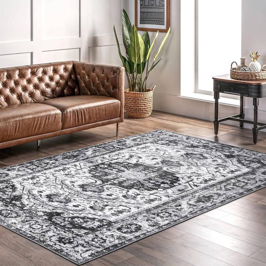 Machinewasbaar tapijt voor binnen en buiten vlekbestendig vintagetapijt antislip laagpolig met oosters ontwerp tapijt voor slaapkamer woonkamer eetkamer keuken 80 x 150 cm grijs