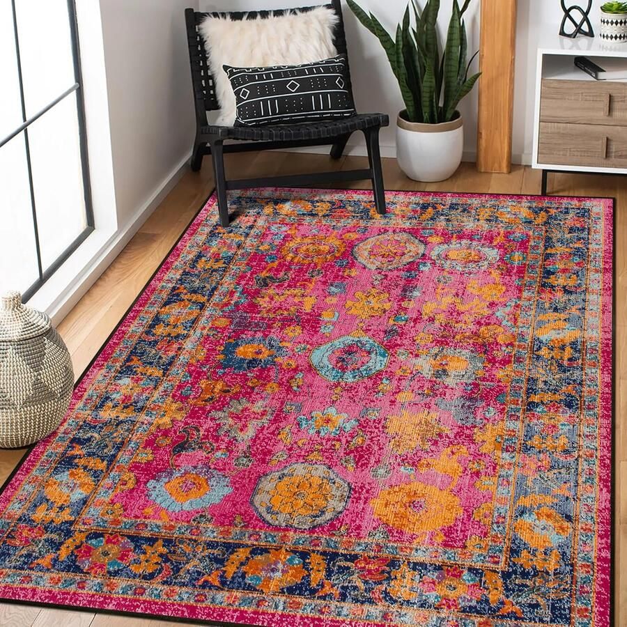 Machinewasbaar vloerkleed vintage stijl 1 stuk veelkleurig roze 120 x 160 cm