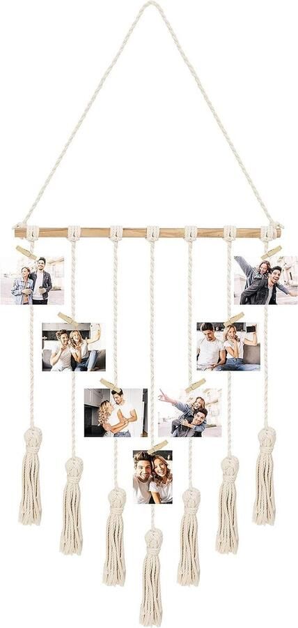 Macramé Fotowand Hangende Display 40 x 92 cm Geschikt voor 25 Foto's Decoratief Wandrek voor Foto's Collages en Prenten