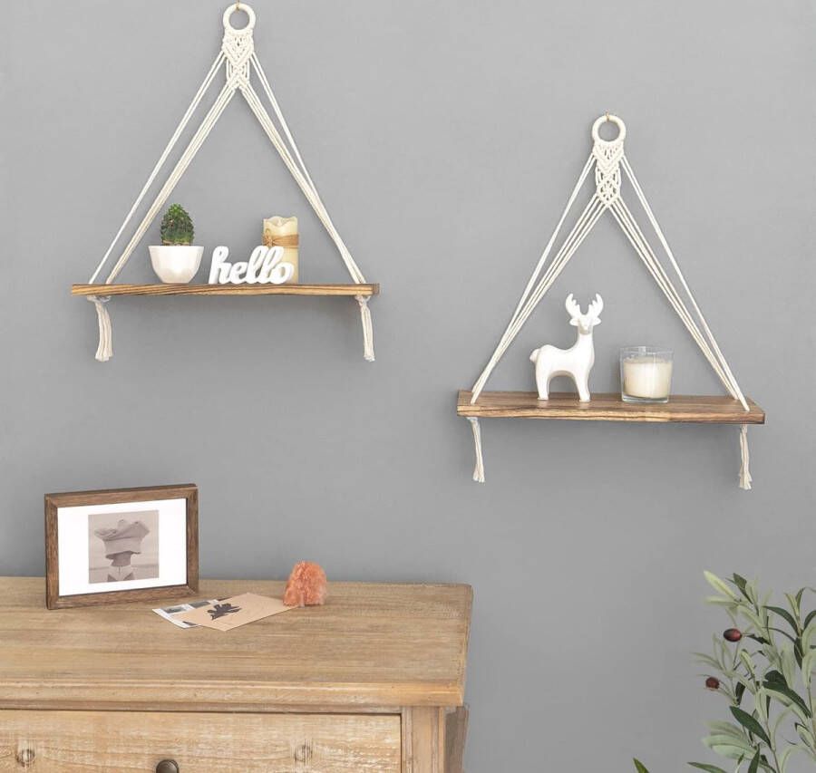 Macrame hangende planken Boho wanddecor set van 2 rustiek hout drijvende opbergplank voor slaapkamer badkamer woonkamer kinderkamer slaapzaal display rekken voor hangende planten foto's