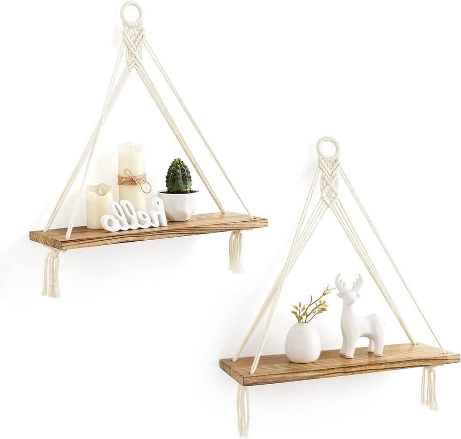 Macramé Hangende Planken Boho Wanddecoratie 2 Stuks Rustiek Hout