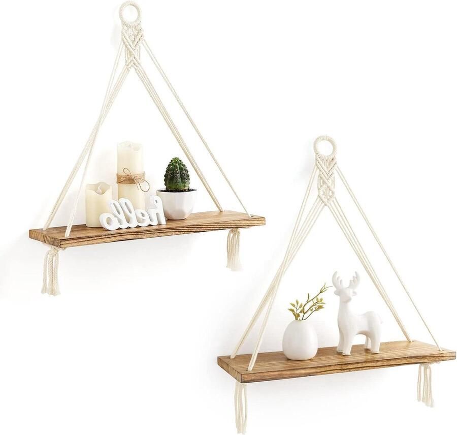 Macramé Hangende Planken Boho Wanddecoratie Set van 2 Rustieke Houten Drijvende Opbergplank