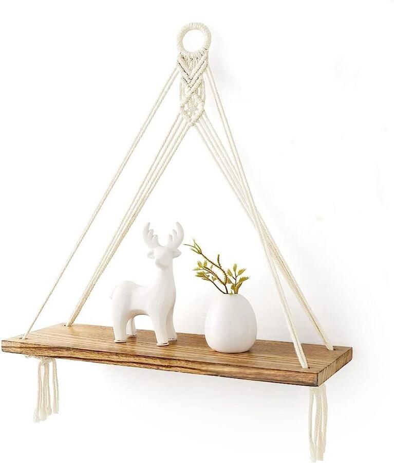 Macramé Houten Wandplank Boho Hangend Rek 41 cm Breed Montage Zonder Boren