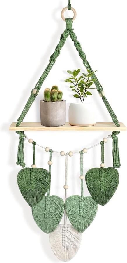 Macramé Muur Opknoping Plank Boho Muur Decor Plant Hanger Houten Drijvend Opbergrek voor Fotolijsten en Planten Slaapkamer Woonkamer hexagon shelves