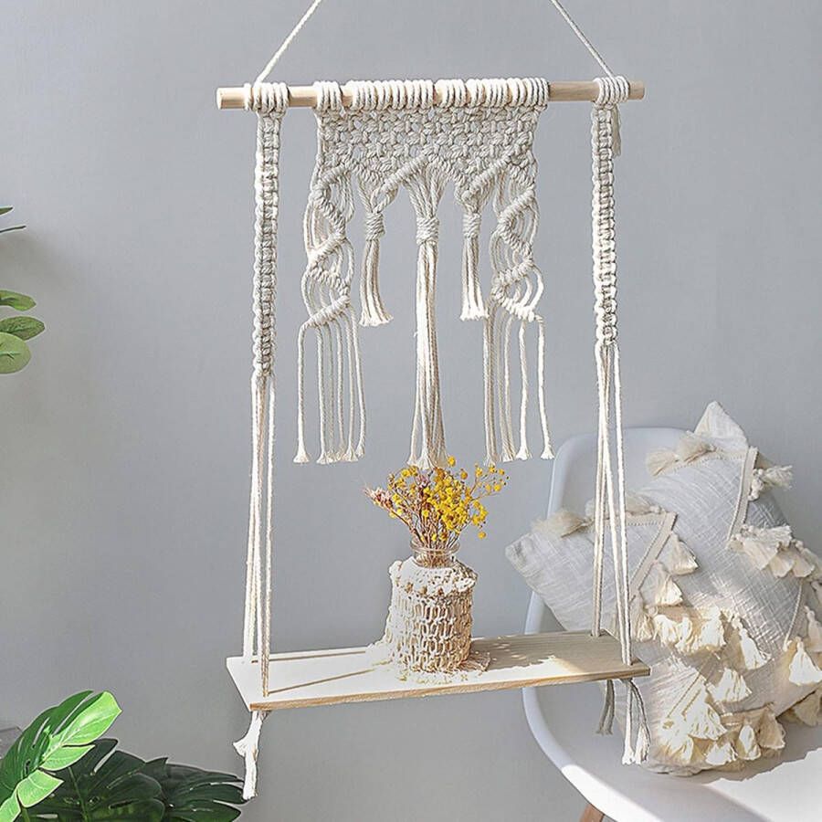 Macrame muur opknoping plank met houten planken drijvende plank hand geweven natuurlijk katoenen touw Tapestry Bohemian muurdecoratie plantenhouder voor thuis muurdecoraties (E)