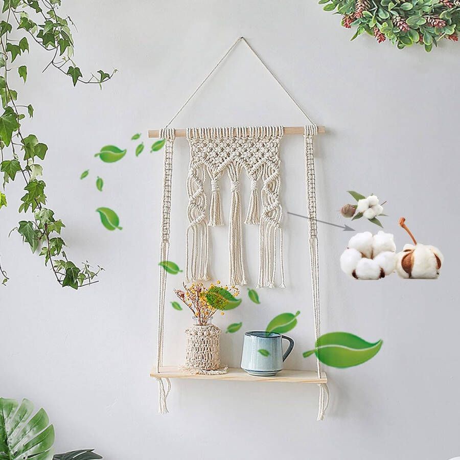 Macrame muur opknoping plank met houten planken drijvende plank hand geweven natuurlijk katoenen touw Tapestry Bohemian muurdecoratie plantenhouder voor thuis muurdecoraties (E)