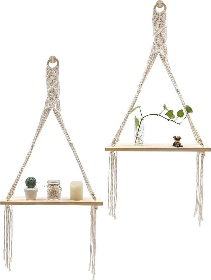 Macrame Muur Opknoping Planken Rustiek Boheemse Woondecoratie 2 stuks Hout