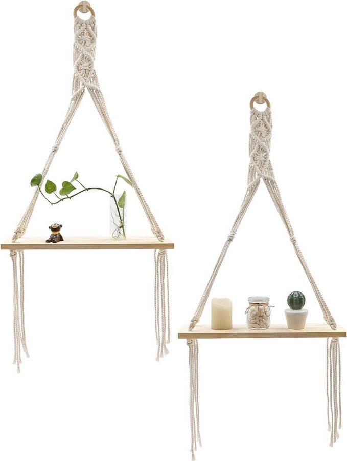 Macrame Muur Opknoping Zwevende Planken Hout Opslag Rustiek Boheemse Scandi Woonkamer Badkamer Slaapkamer Decor Geschenken 1 Tier Set van 2 - Foto 2