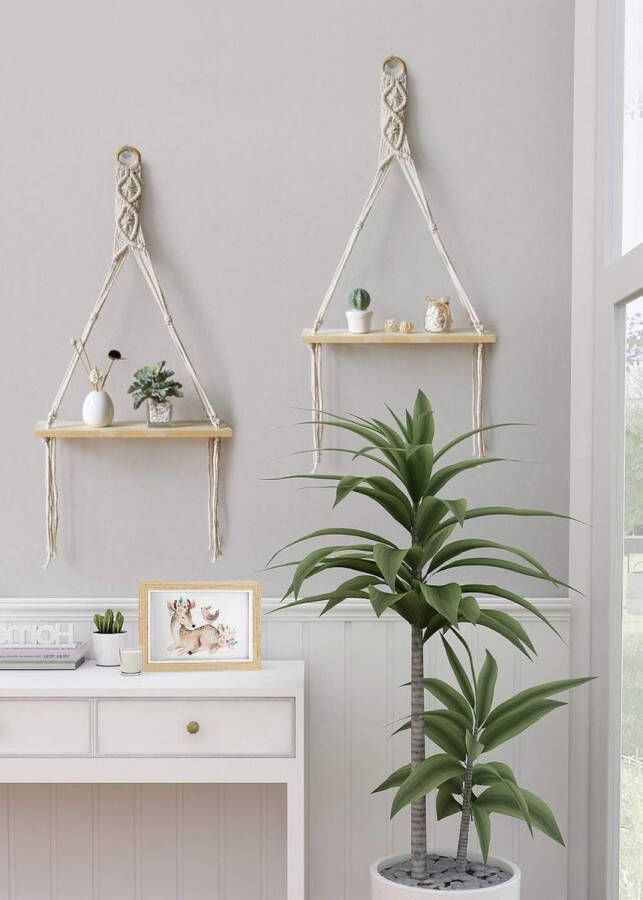 Macrame Muur Opknoping Zwevende Planken Hout Opslag Rustiek Boheemse Scandi Woonkamer Badkamer Slaapkamer Decor Geschenken 1 Tier Set van 2