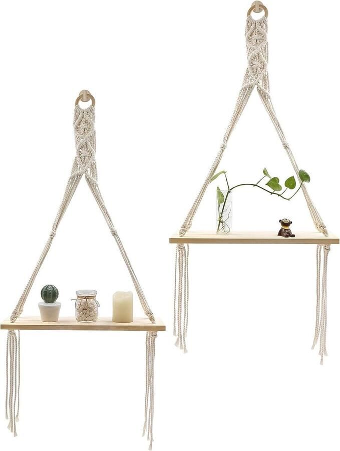 Macrame Muur Opknoping Zwevende Planken Hout Opslag Rustiek Boheemse Scandi Woonkamer Decor Badkamer Slaapkamer Geschenken 1 Tier Set van 2