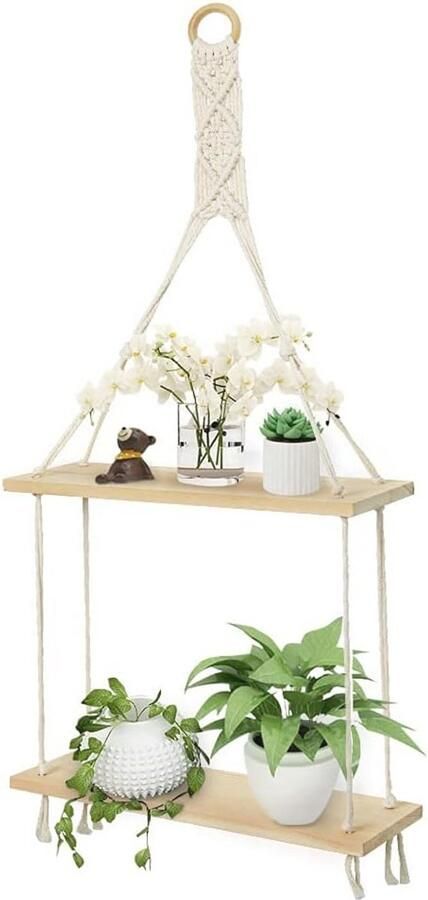 Rustieke Macrame muur opknoping plank Boho zwevende planken van katoenen touw met 2 lagen Ideaal voor planten foto's en handdoeken Woonkamer slaapkamer badkamer en hal organizer