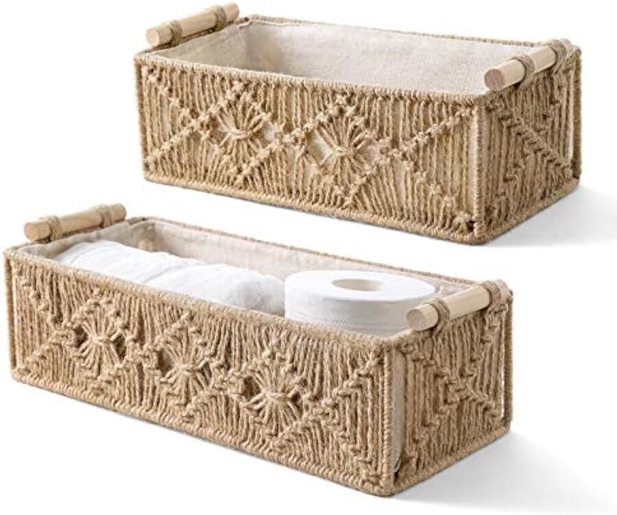 Macrame opbergmanden Boho Decor Box handgemaakte geweven decoratieve aanrecht toilet tank plank kast organizer voor slaapkamer kinderkamer woonkamer huis set van 2 bruin