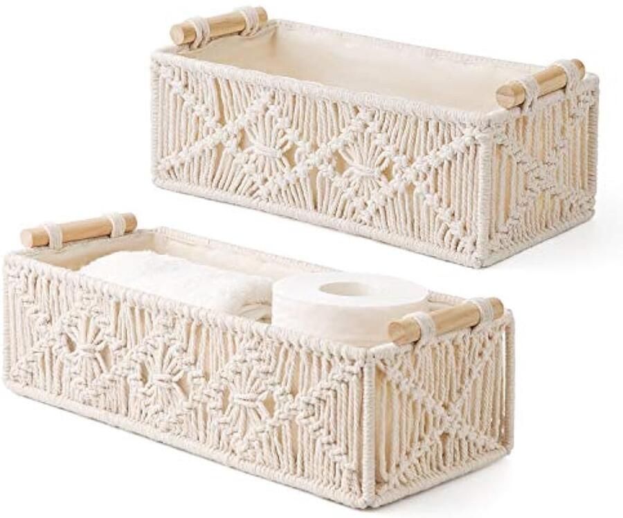 Macrame opbergmanden decoratieve doos handgemaakte geweven decoratieve werkblad toilettank rek kast organizer boho voor slaapkamer kinderkamer woonkamer set van 2 ivoor