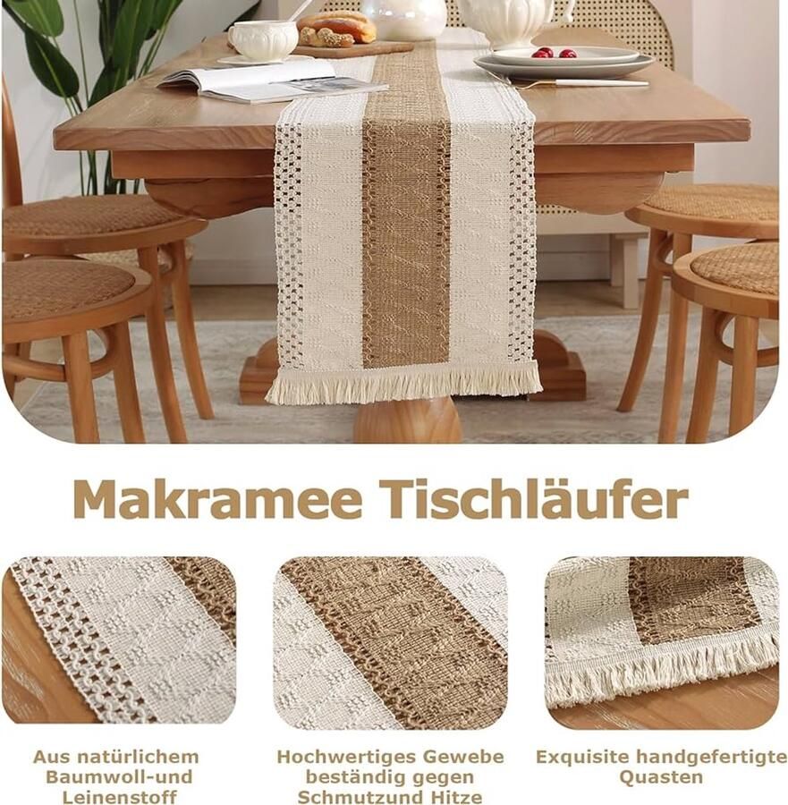 Macramé tafelkleed boho-stijl koffiekleur katoen 240 x 30 cm