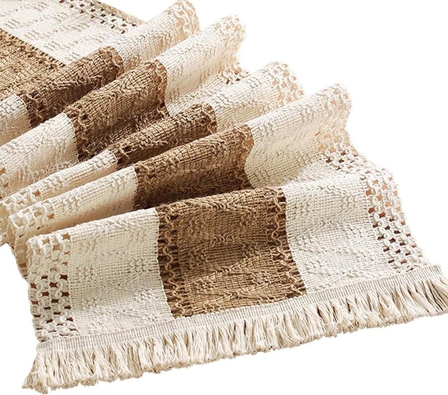 Macrame Tafelloper Bohemian Stijl 1 stuk Crème Beige Jute en Katoen 30 x 180 cm