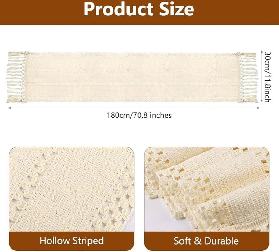 Macramé Tafelloper Vintage Crème 30x180 cm Wasbaar
