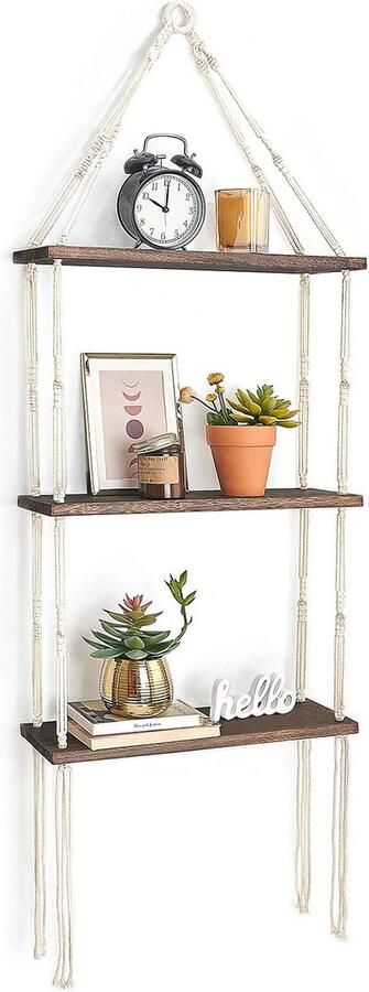 Macrame Wandophangplank 3-laags houten zwevende planken met schattig geweven touw Boho Room Decor Display Foto's Plant voor badkamer slaapkamer woonkamer kinderkamer