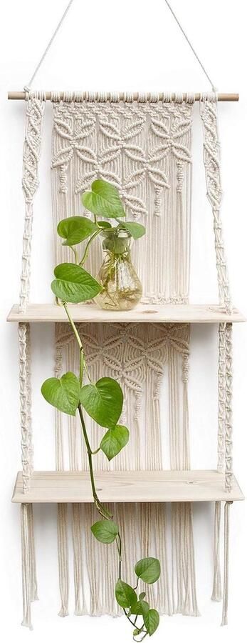 Macrame Wandophangplank Boho Decoratie 2 Laags Natuurlijk Kleur Handgemaakt