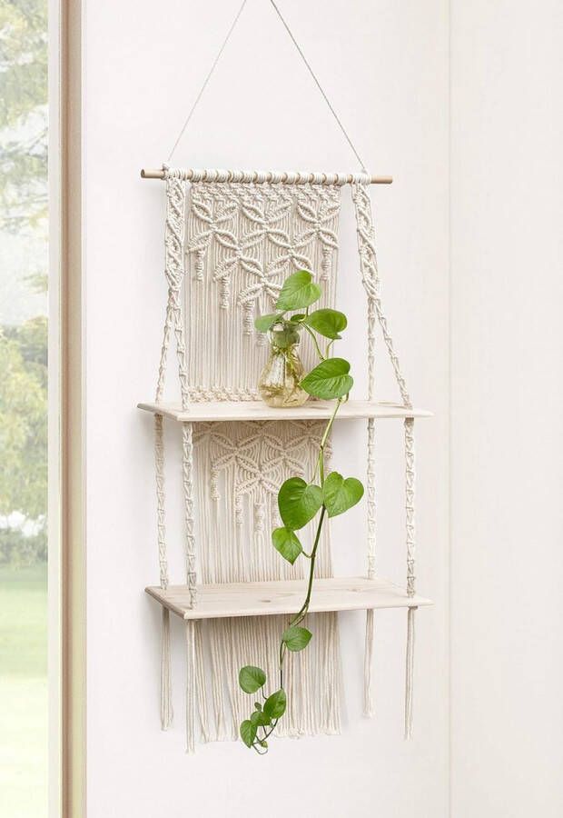Macrame wandophangplank boho drijvende plank handwerk boheemse decoratie schattige 2 lagen geweven planken voor badkamerplanten fotolijst thuis opslag en organisator