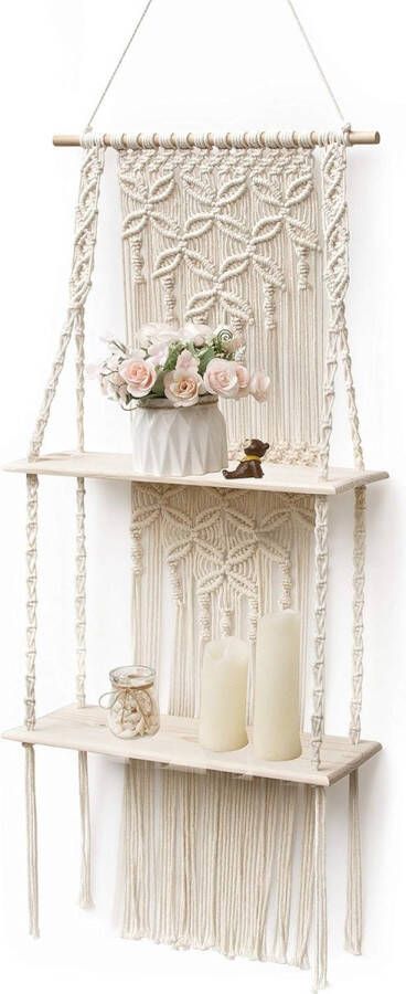 Macrame wandophangplank boho drijvende plank handwerk boheemse decoratie schattige 2 lagen geweven planken voor badkamerplanten fotolijst thuis opslag en organisator