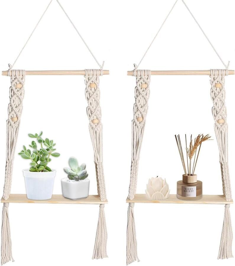 Macramé wandplank Boho stijl 1 stuk Natuurlijk hout 32 x 15 cm