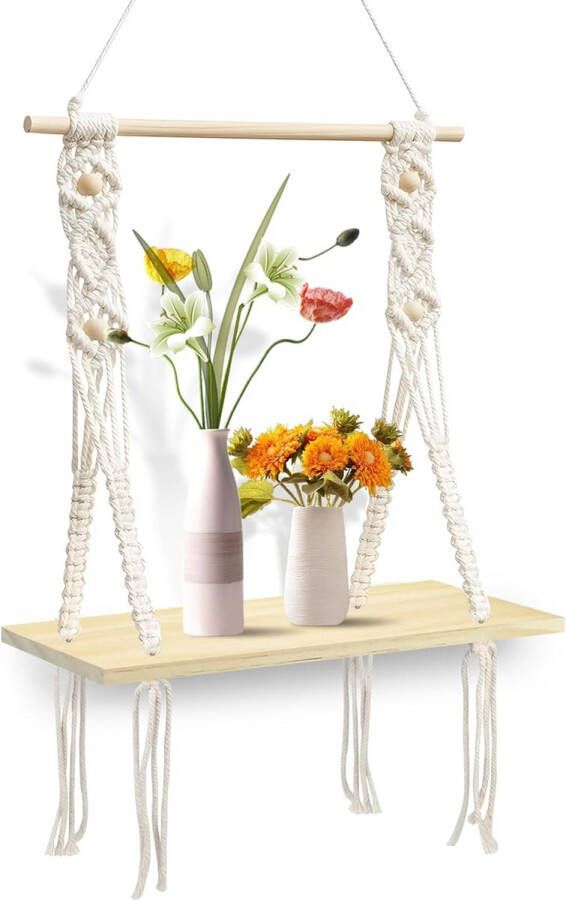 Macrame wandplank houten plank Boho decoratieve hangende plank houten katoenen touw handgeweven zwevende plank zwevende plank met koord schommelplank in mediterrane stijl voor woonkamer