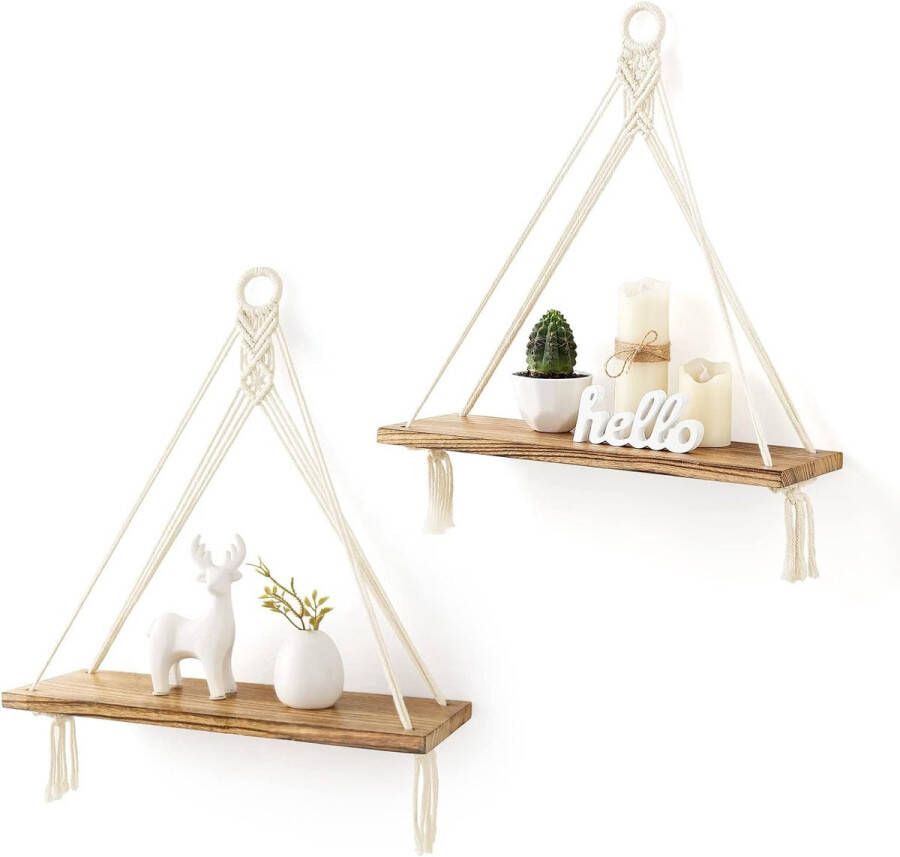 Macrame wandplank houten plank Boho decoratieve hangende plank katoenen touw handgeweven zwevende plank balkon badkamer woonkamer slaapkamer kinderkamer set van 2